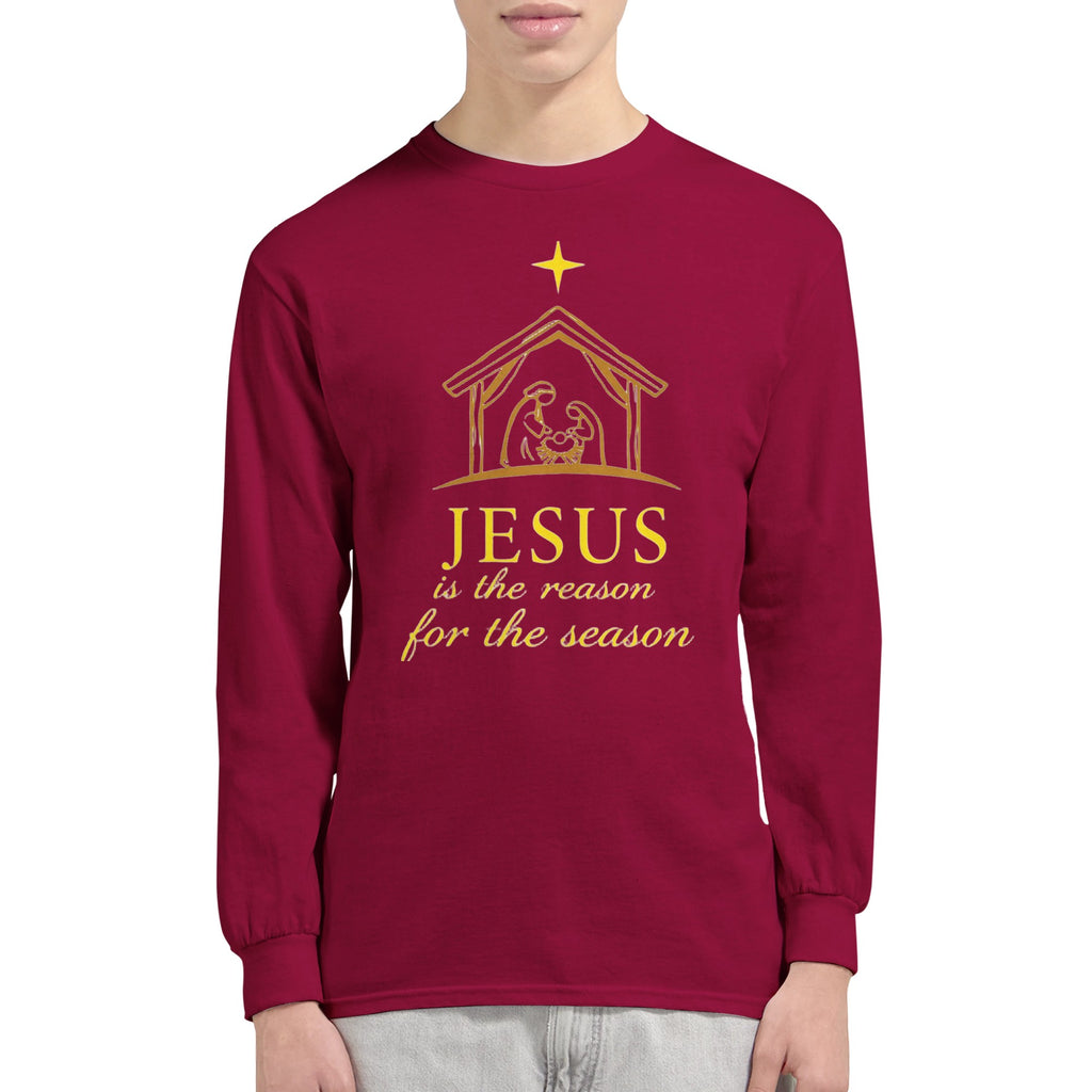 Maroon long-sleeve shirt with gold nativity scene and text design on a white background