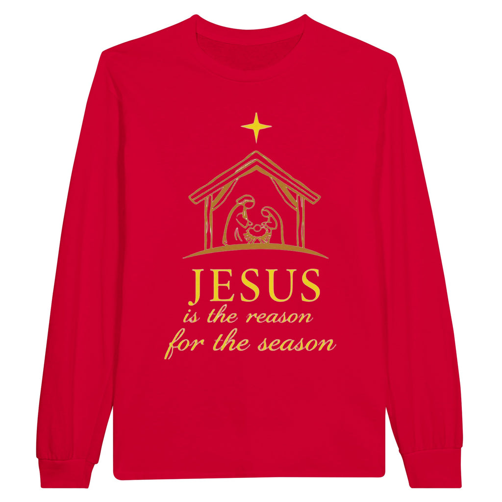 Red sweatshirt with gold nativity scene and text on a white background
