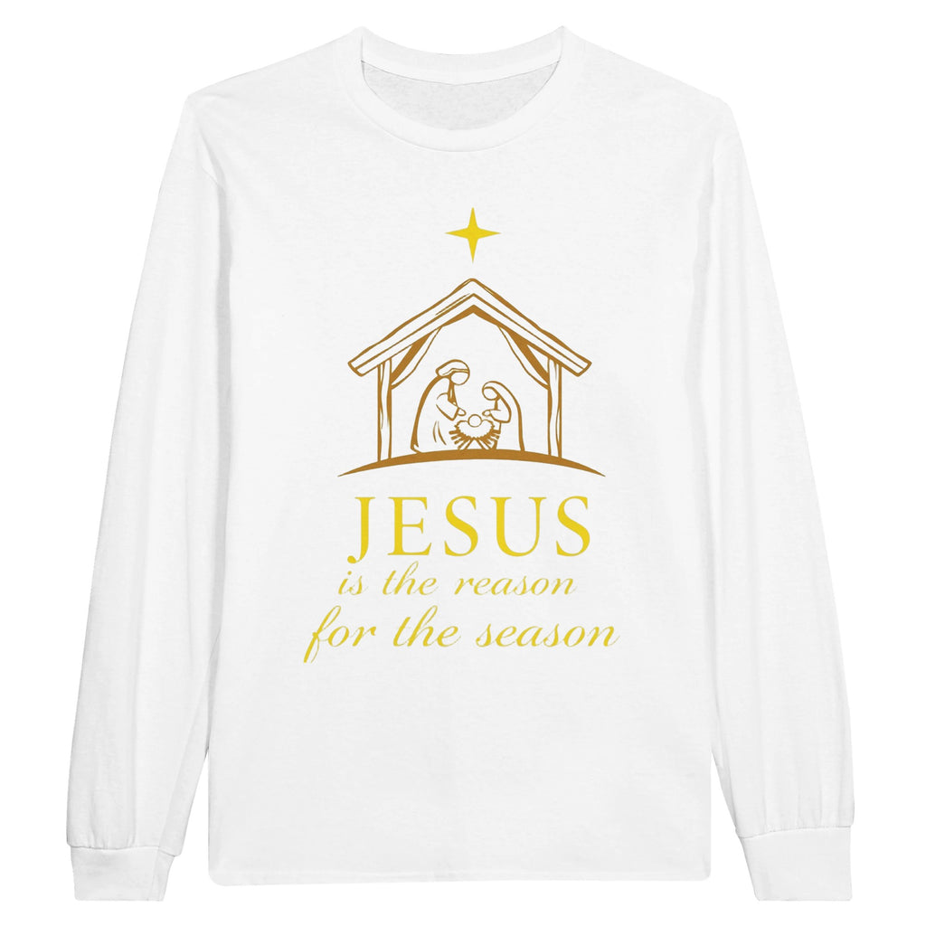 White long-sleeve shirt with gold nativity scene and text on a white background