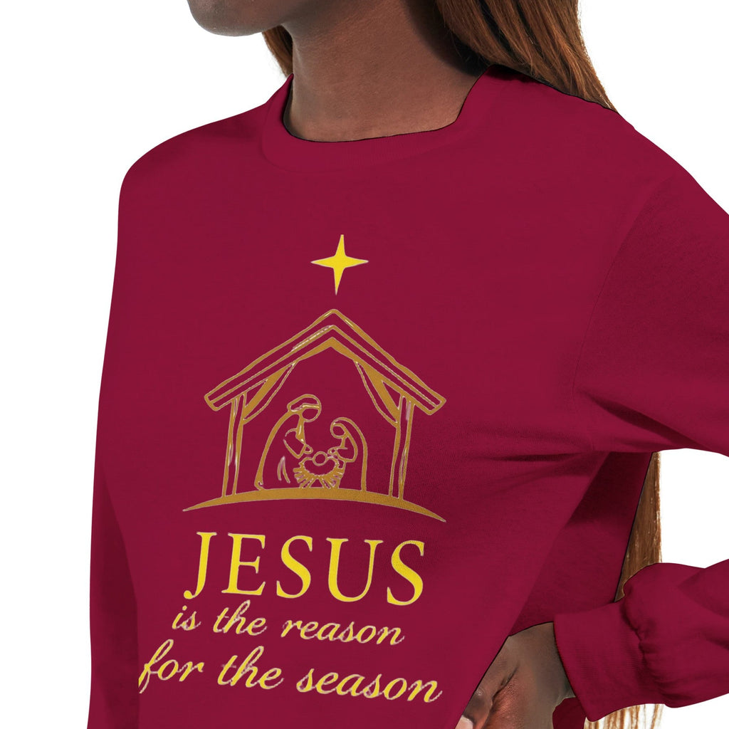 Red shirt with nativity scene and 'Jesus is the reason for the season' text