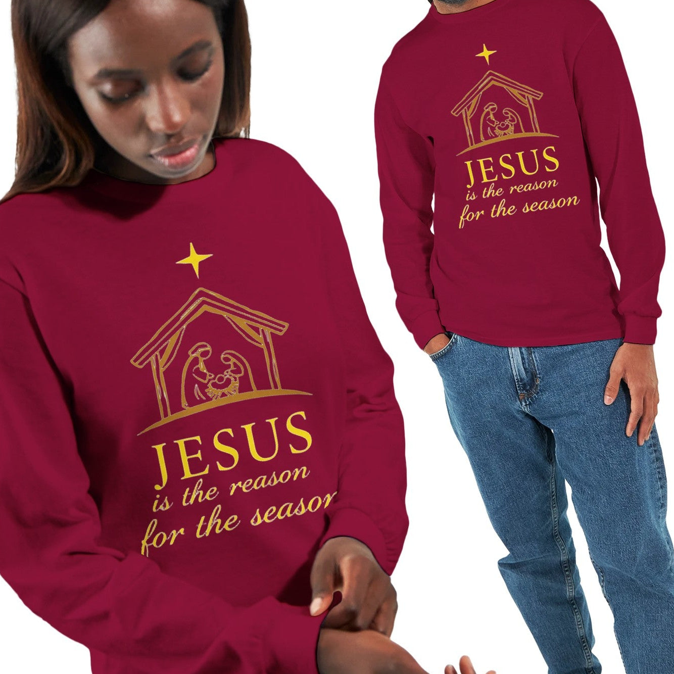 Two people wearing red long-sleeve shirts with a Christmas design and text.