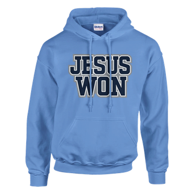 Light blue hoodie with 'JESUS WON' text on a white background