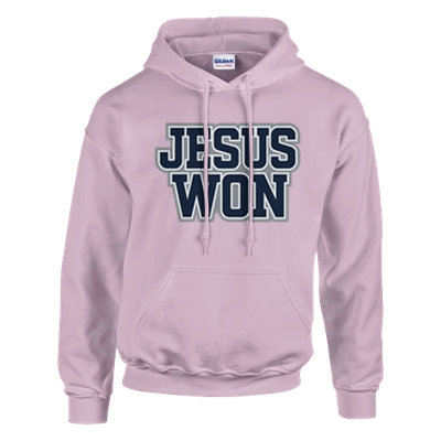 Light Pink hoodie with 'Jesus Won' text on a white background