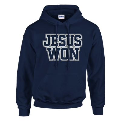Navy blue hoodie with 'JESUS WON' text on a white background