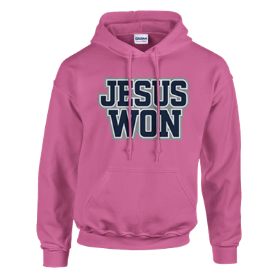 Pink hoodie with 'Jesus Won' text on a white background