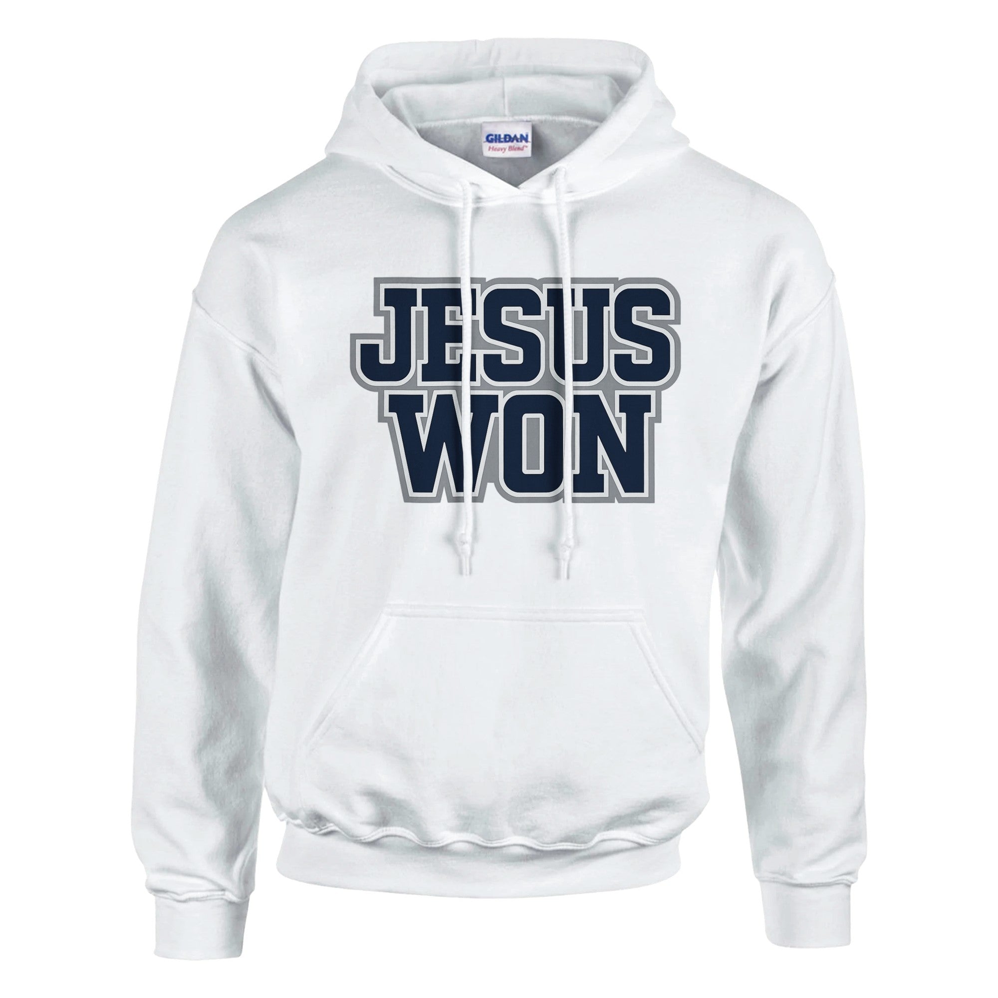 White hoodie with 'JESUS WON' text on a white background