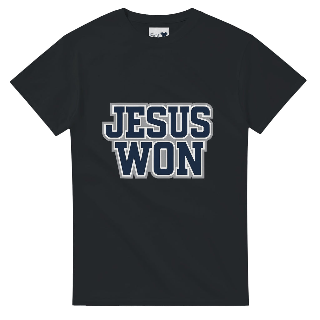 Black t-shirt with 'JESUS WON' text on a white background