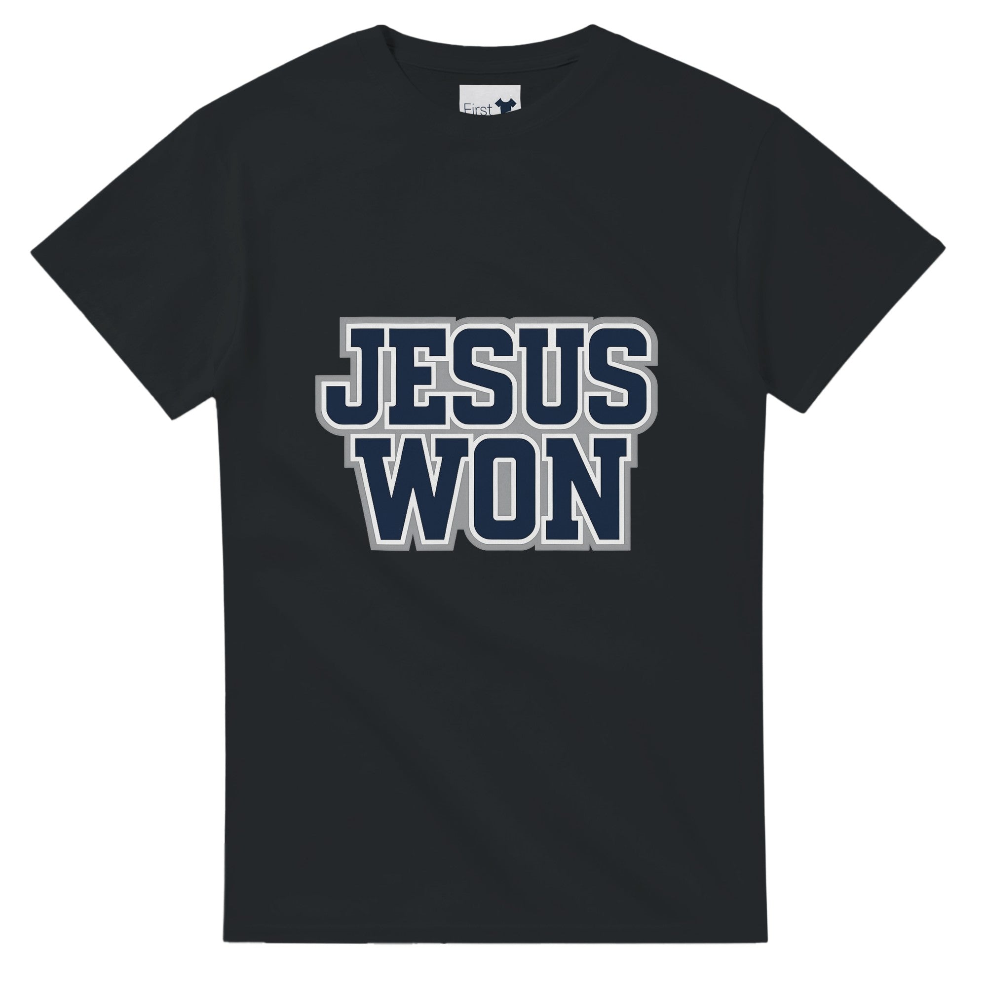 Black t-shirt with 'JESUS WON' text on a white background