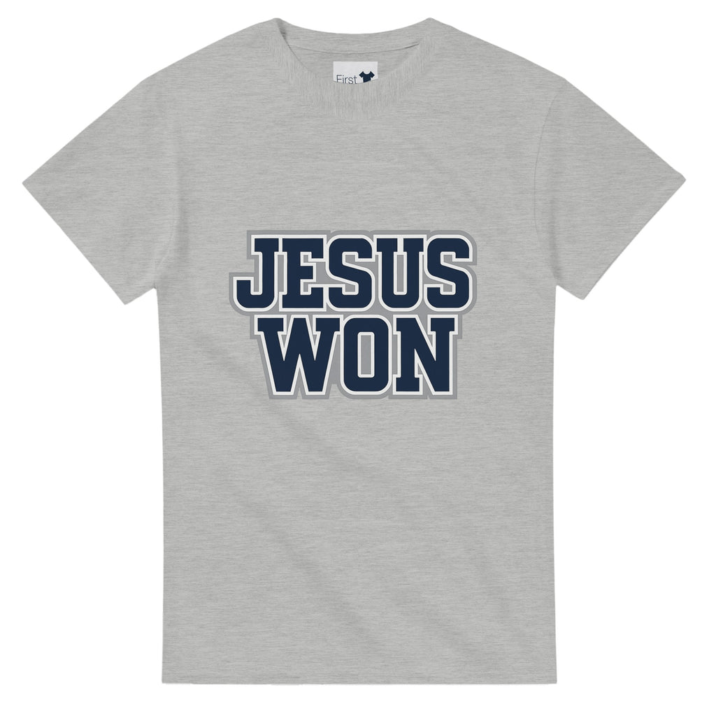 Gray t-shirt with 'JESUS WON' text in navy on a white background