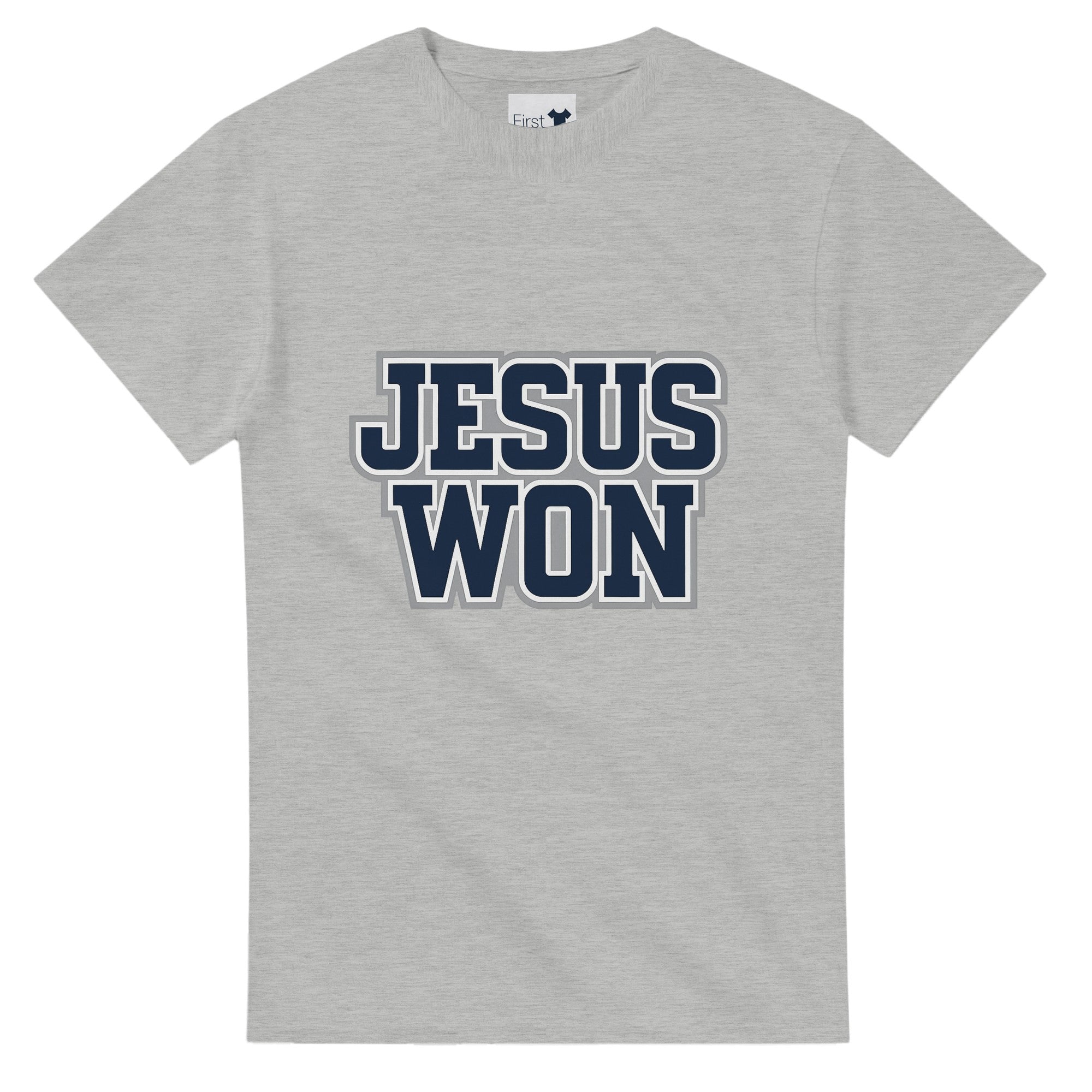 Gray t-shirt with 'JESUS WON' text in navy on a white background
