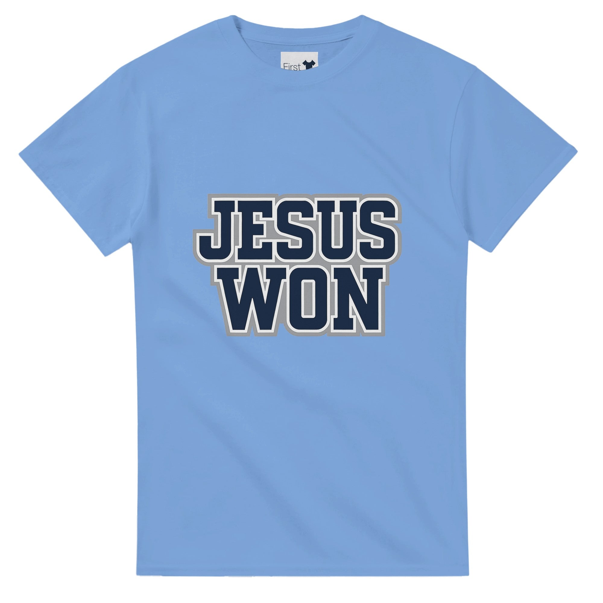 Light blue t-shirt with 'JESUS WON' text on a white background