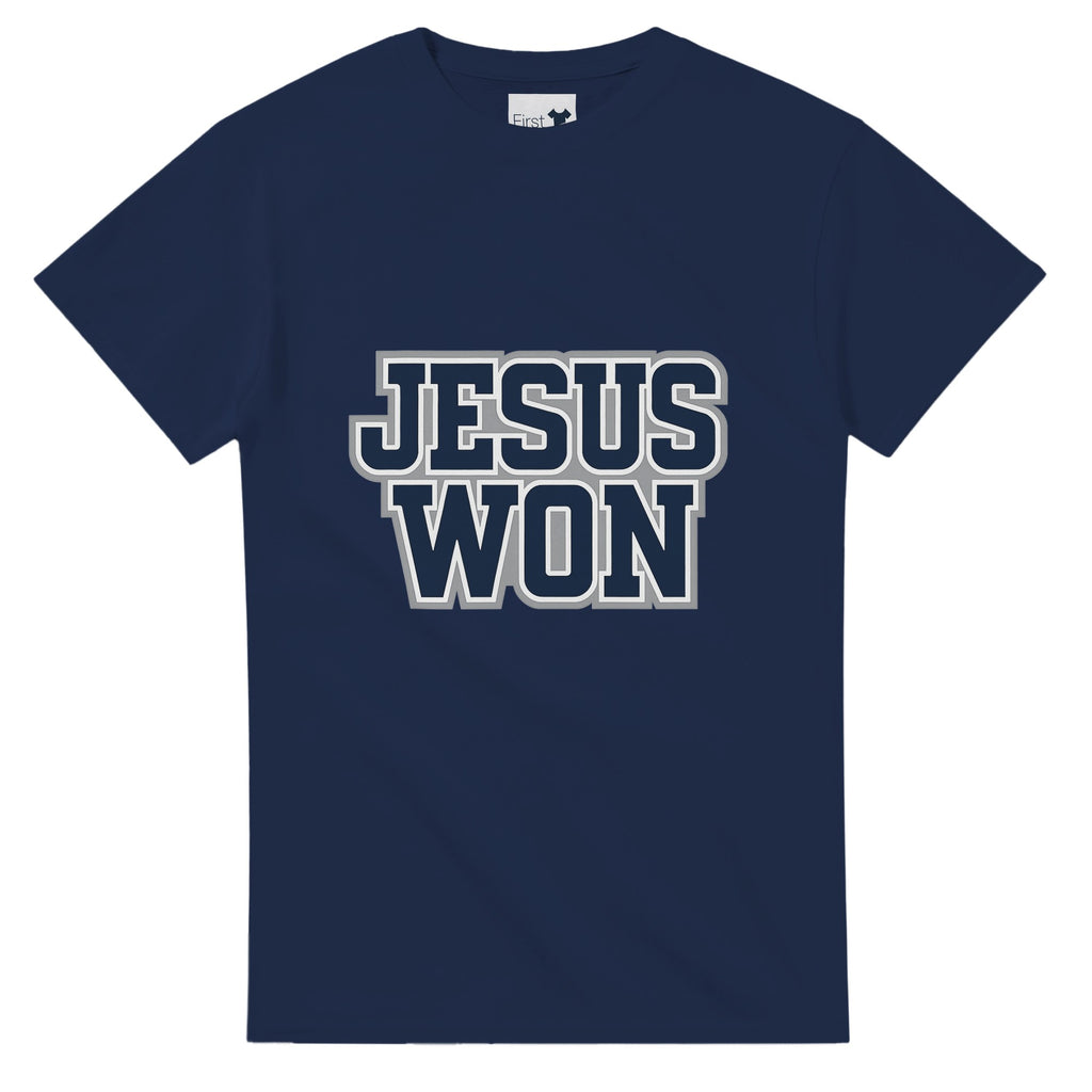 Navy blue t-shirt with 'JESUS WON' text on a white background
