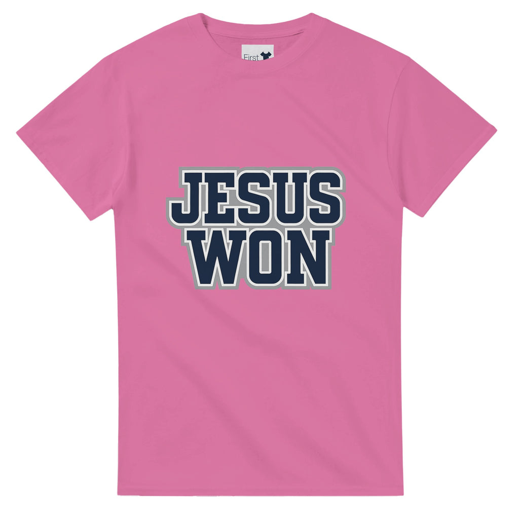 Pink t-shirt with 'JESUS WON' text on a white background
