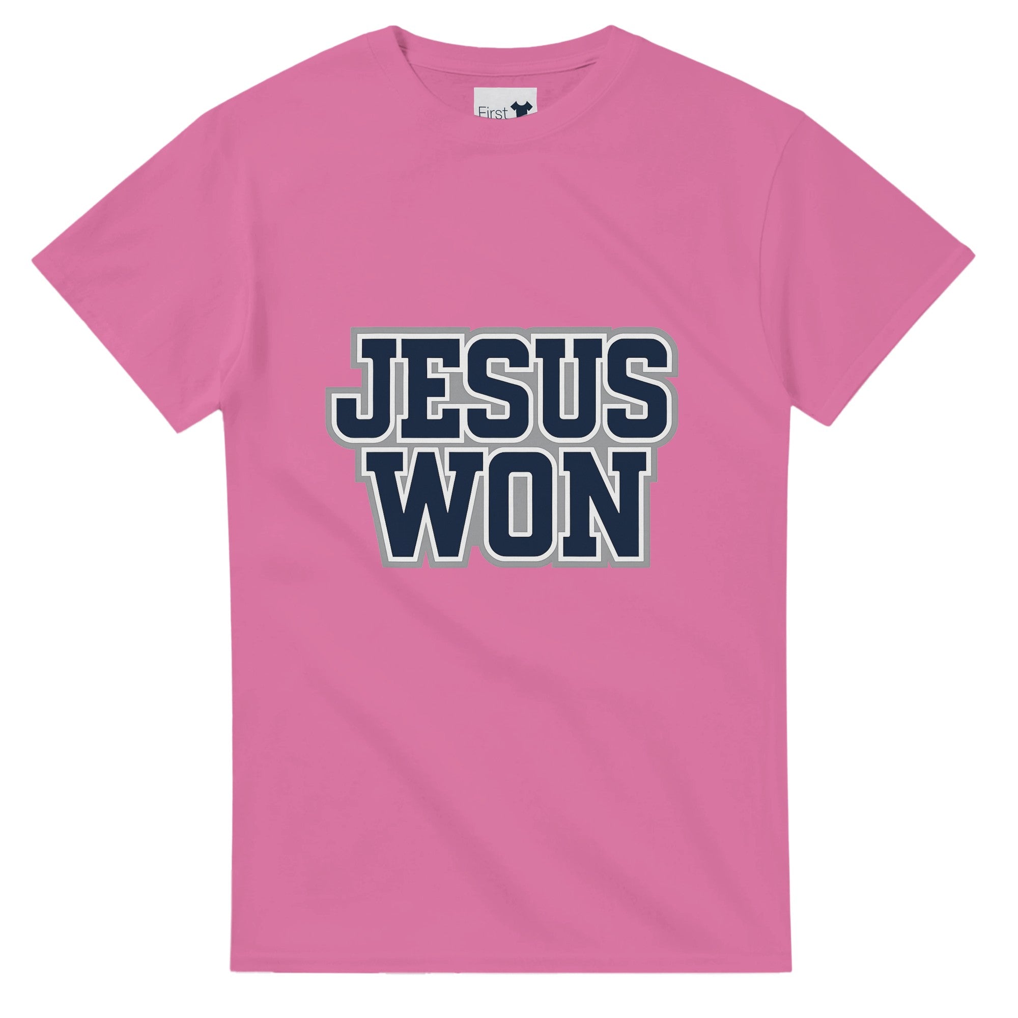 Pink t-shirt with 'JESUS WON' text on a white background