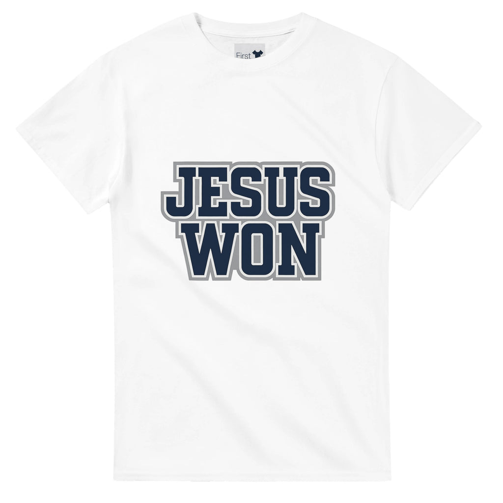 White t-shirt with 'JESUS WON' text in blue and black on a white background