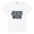 White t-shirt with 'JESUS WON' text in blue and black on a white background