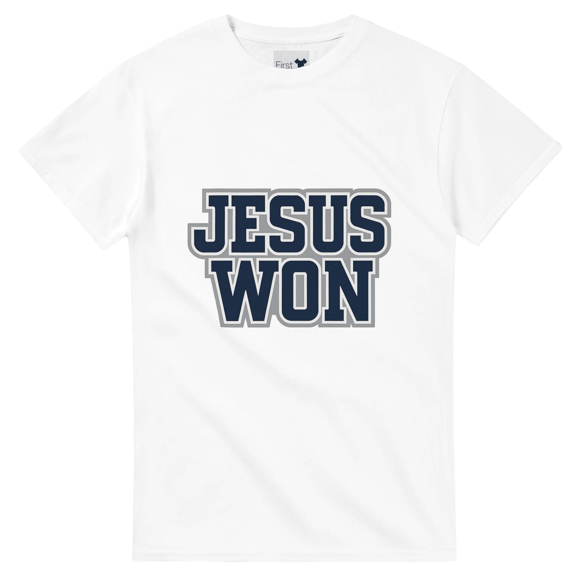 White t-shirt with 'JESUS WON' text in blue and black on a white background
