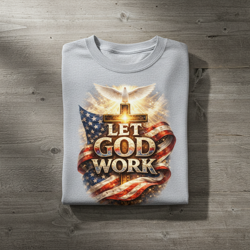 Folded shirt with 'Let God Work' design on a wooden surface