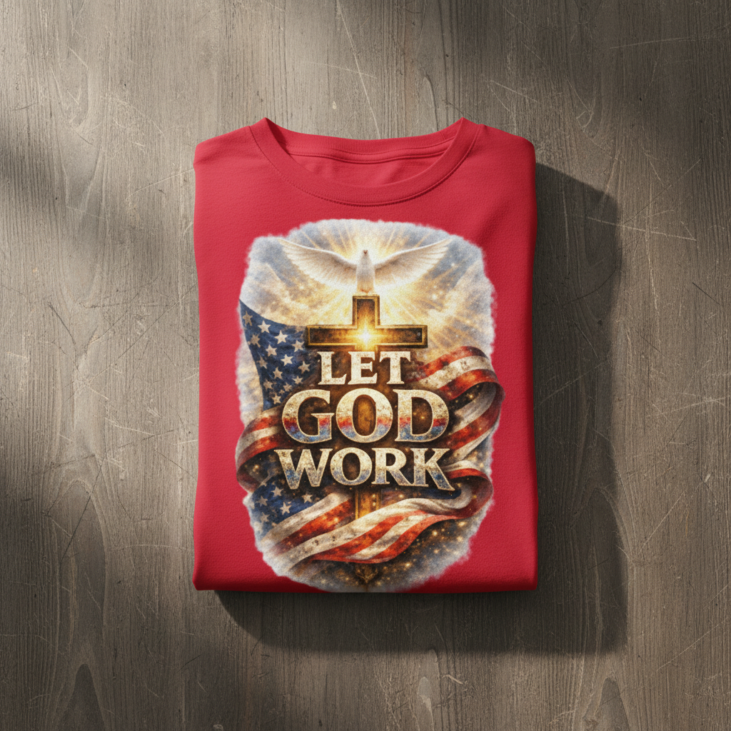 Folded red shirt with 'Let God Work' design on a wooden surface