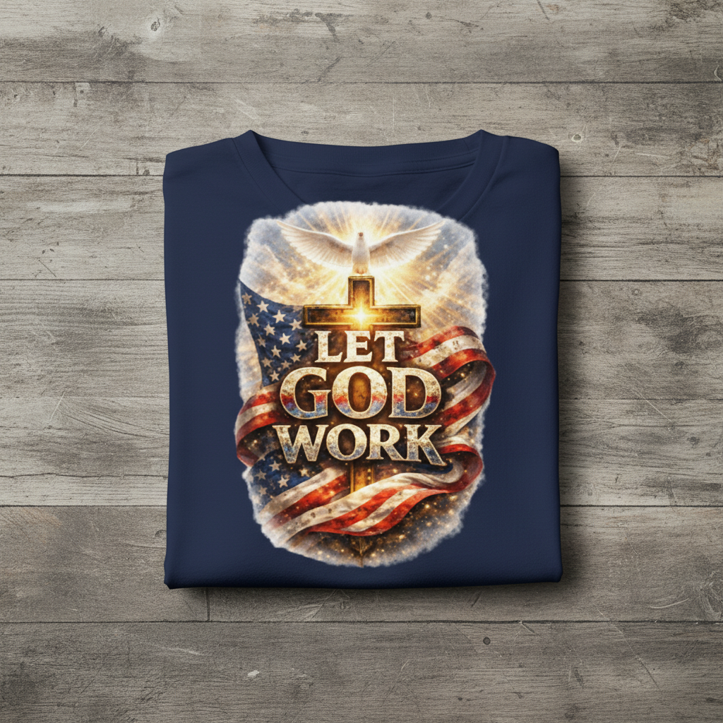 Navy blue shirt with 'Let God Work' design featuring an American flag and candle on a wooden surface.