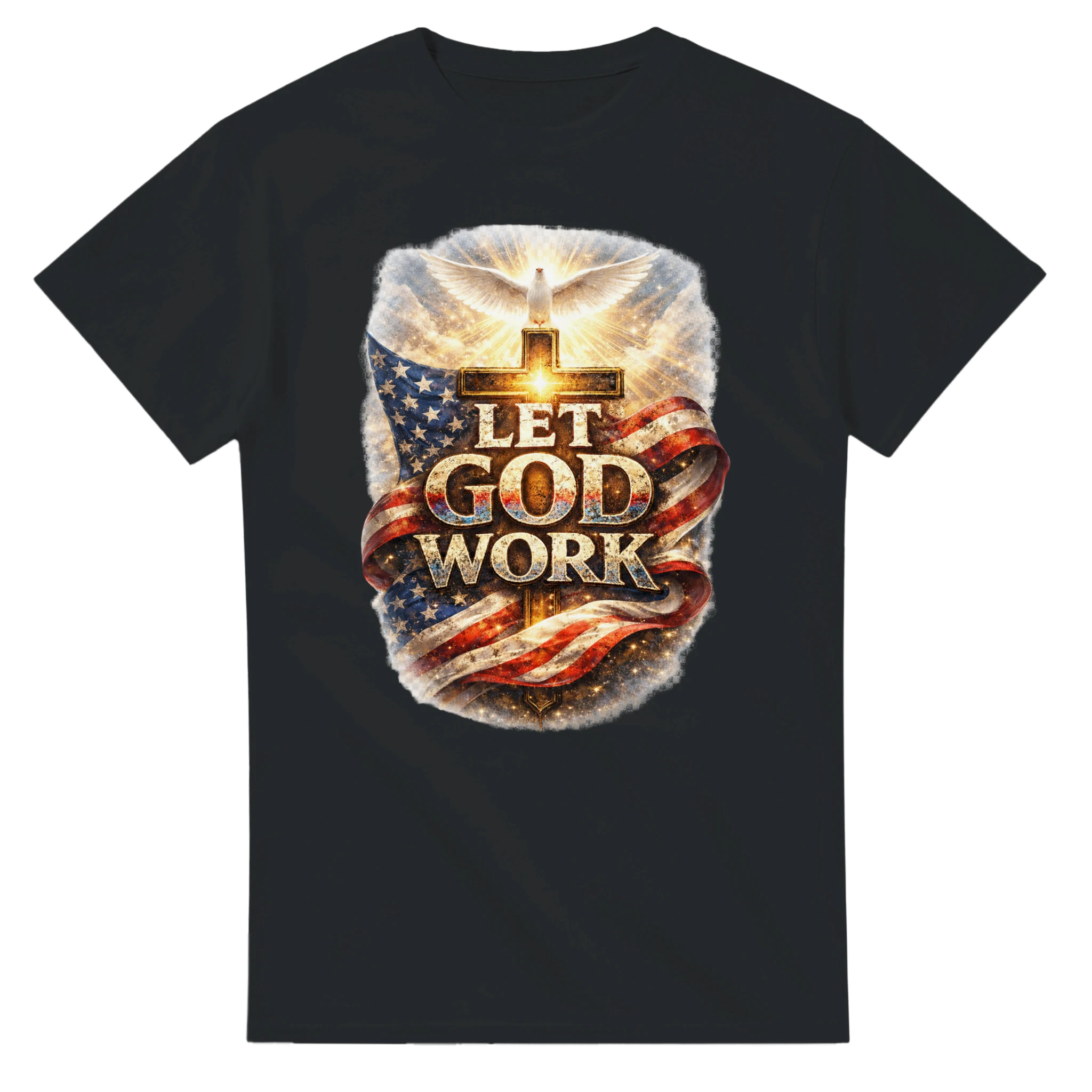 Black t-shirt with 'Let God Work' design featuring an American flag and cross on a white background