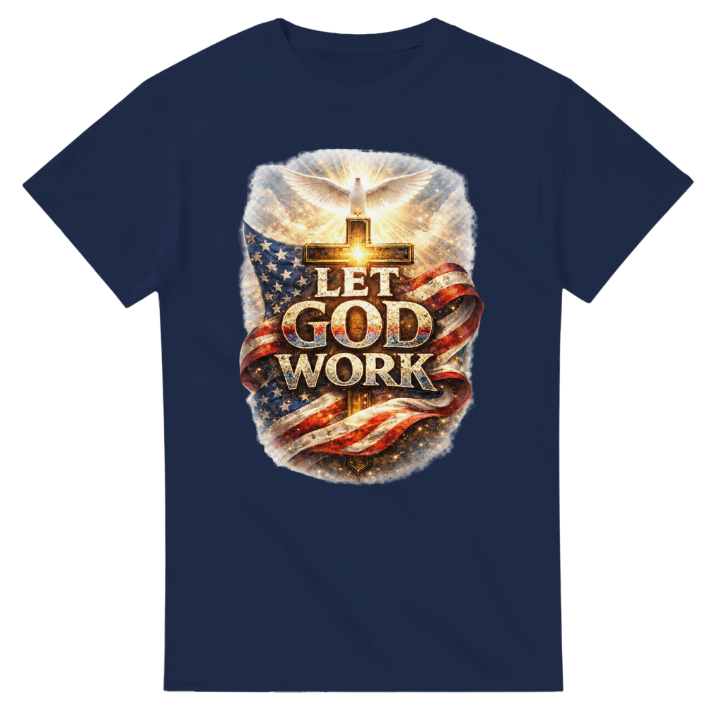 Navy blue t-shirt with 'Let God Work' graphic design featuring an American flag and cross on a white background.