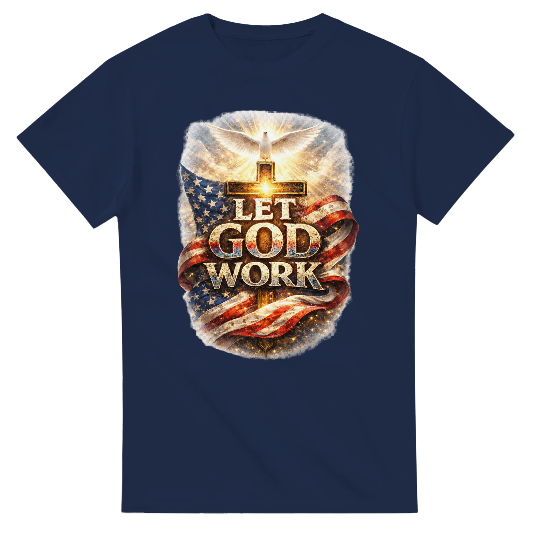 Navy blue t-shirt with 'Let God Work' graphic design featuring an American flag and cross on a white background.