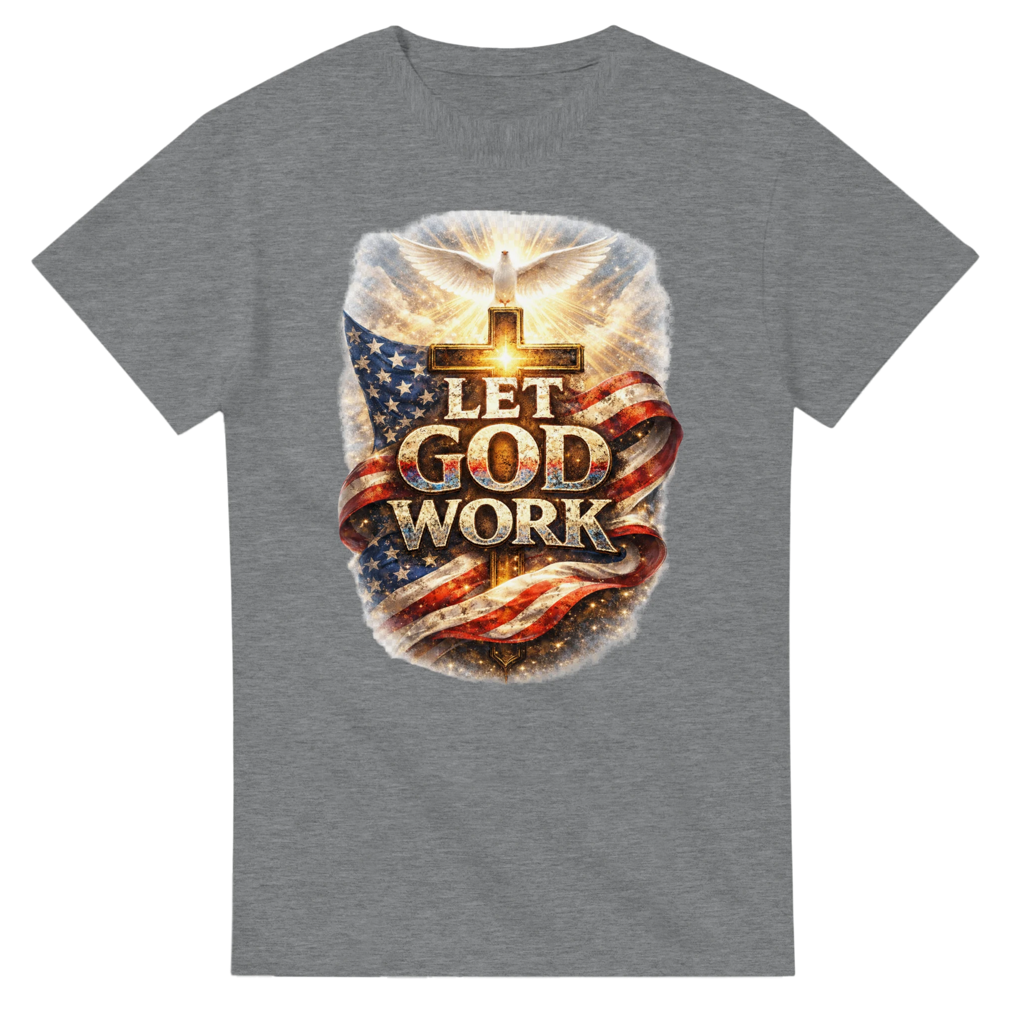 Gray t-shirt with 'Let God Work' graphic design featuring an American flag and cross.
