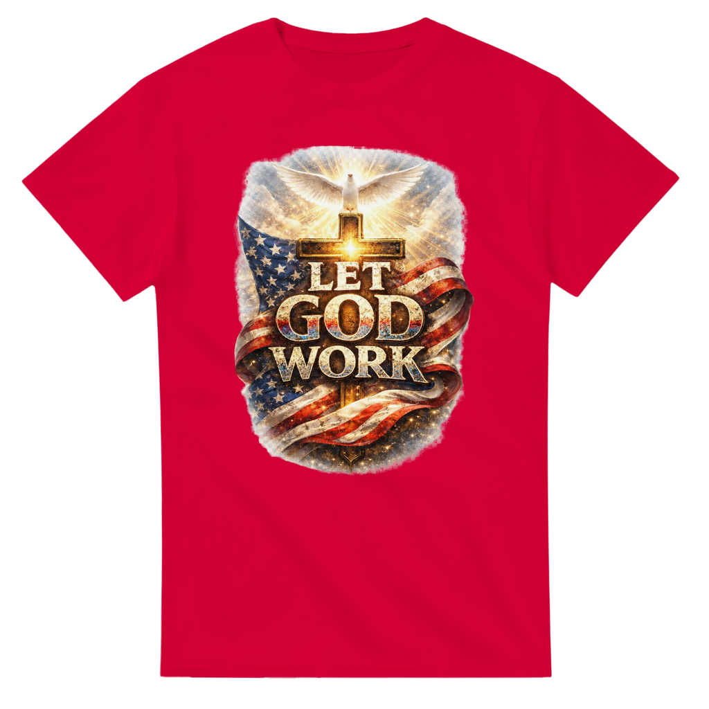 Red t-shirt with 'Let God Work' graphic design featuring an American flag and cross on a white background.