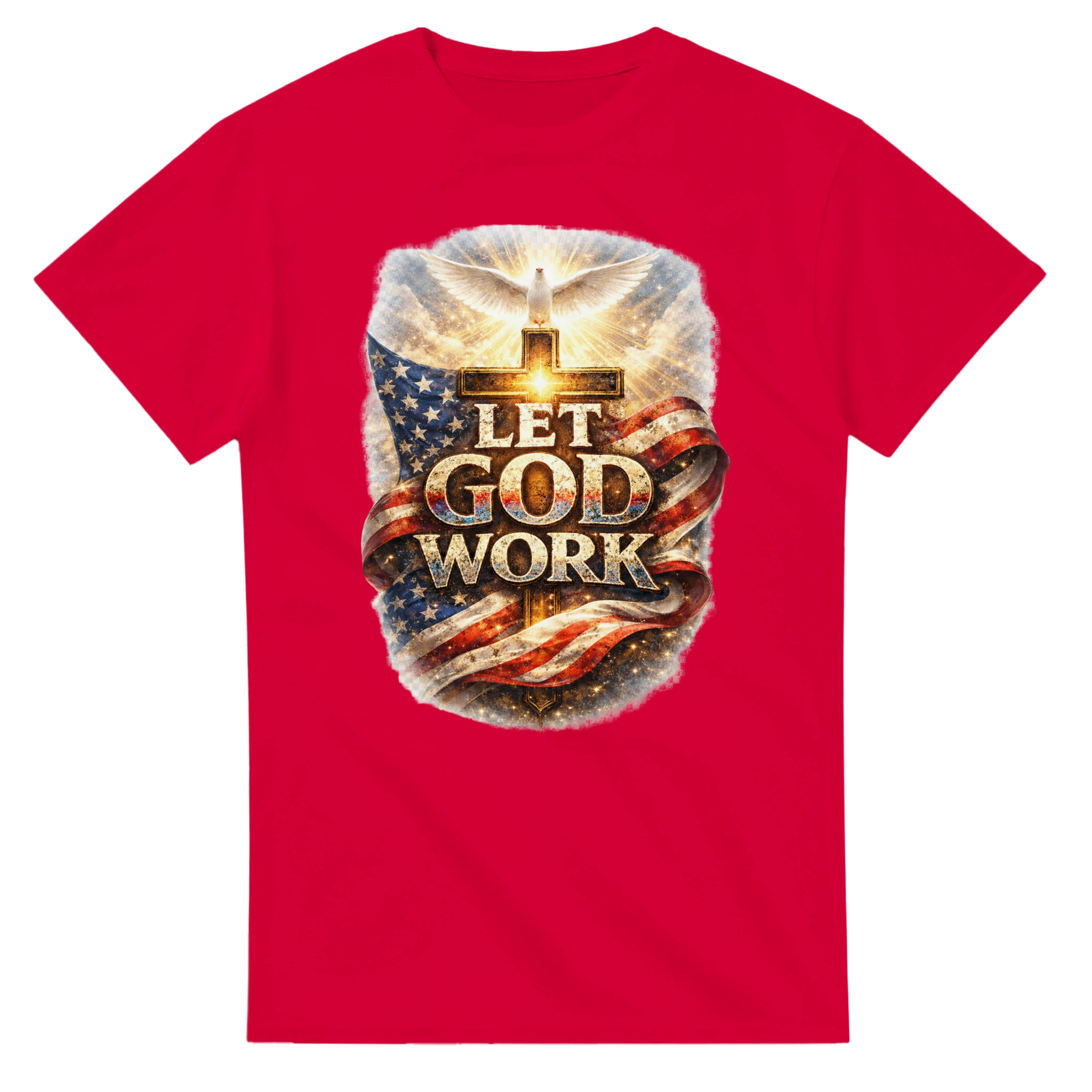 Red t-shirt with 'Let God Work' graphic design featuring an American flag and cross on a white background.