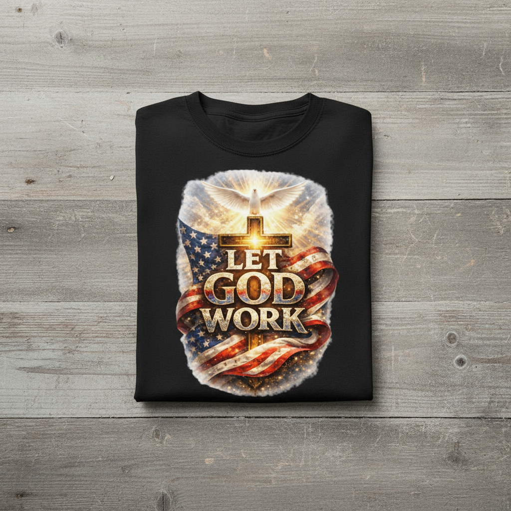 Black sweatshirt with 'Let God Work' design featuring an American flag and cross on a wooden surface.