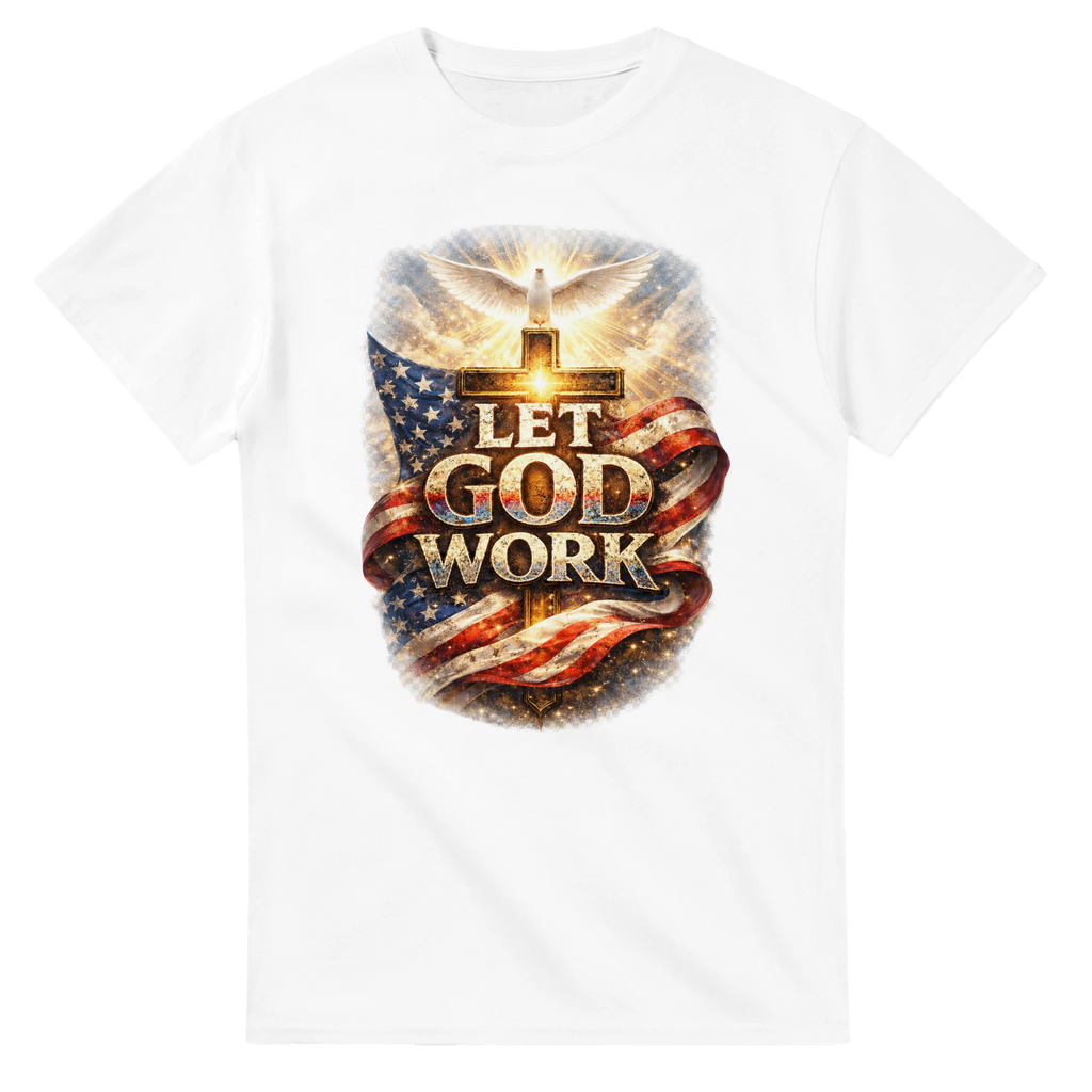 White t-shirt with 'Let God Work' graphic design featuring an American flag and cross on a white background