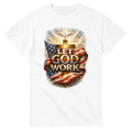 White t-shirt with 'Let God Work' graphic design featuring an American flag and cross on a white background