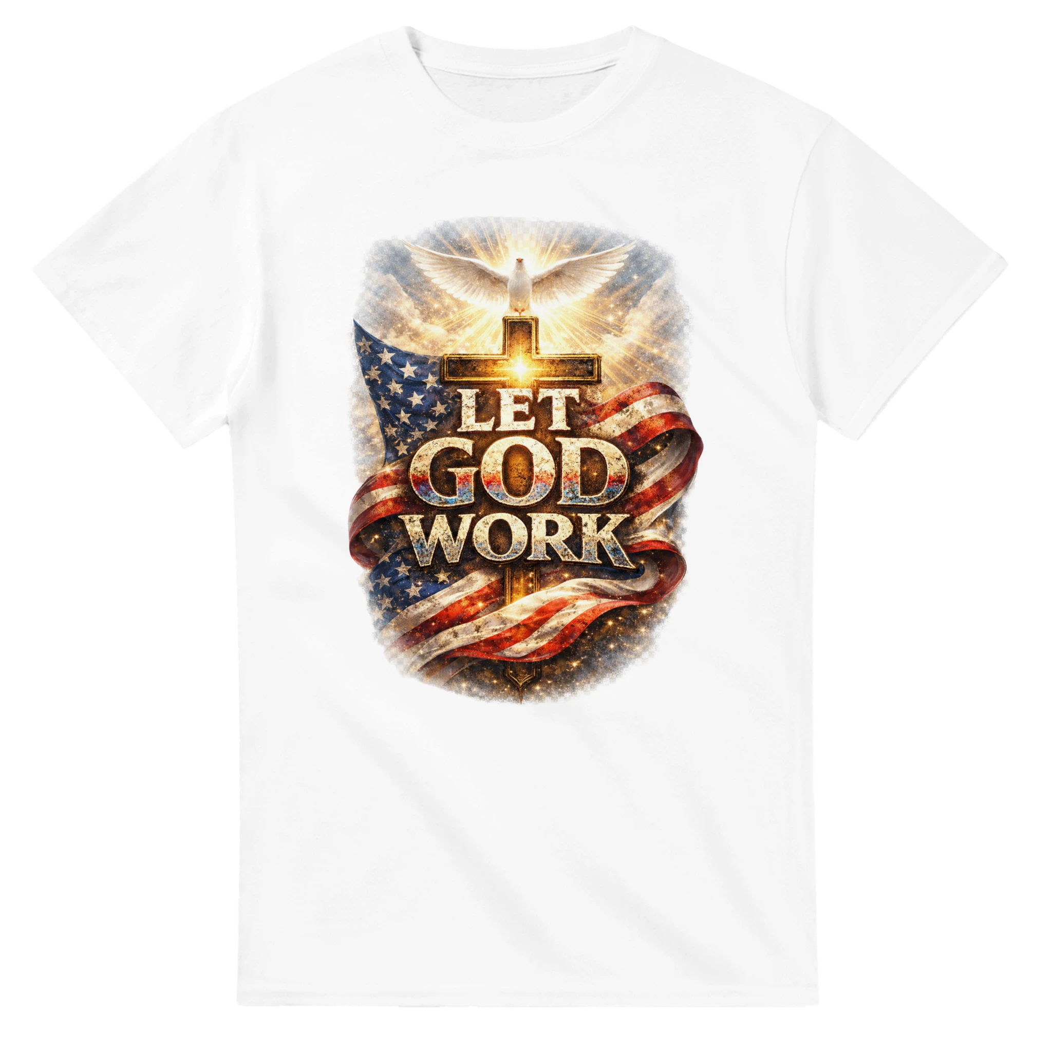 White t-shirt with 'Let God Work' graphic design featuring an American flag and cross on a white background