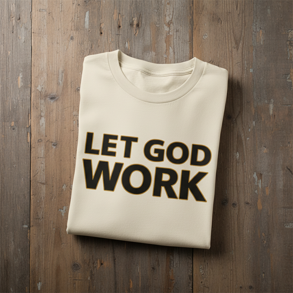 Folded beige sweatshirt with 'LET GOD WORK' text on a wooden surface