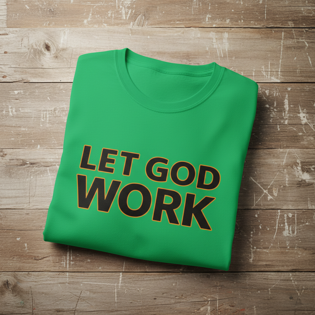 Green t-shirt with 'LET GOD WORK' text on a wooden surface