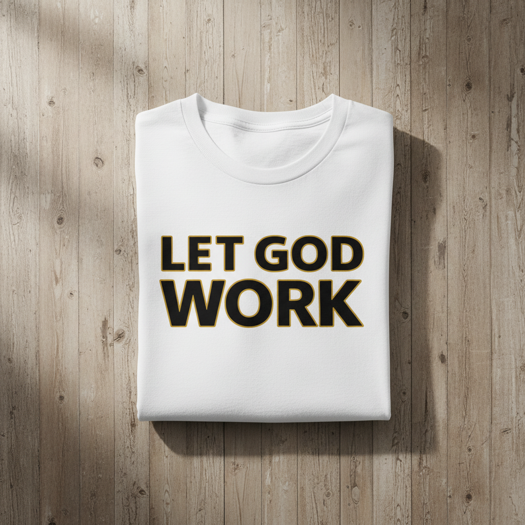 White t-shirt with 'LET GOD WORK' text on a wooden surface