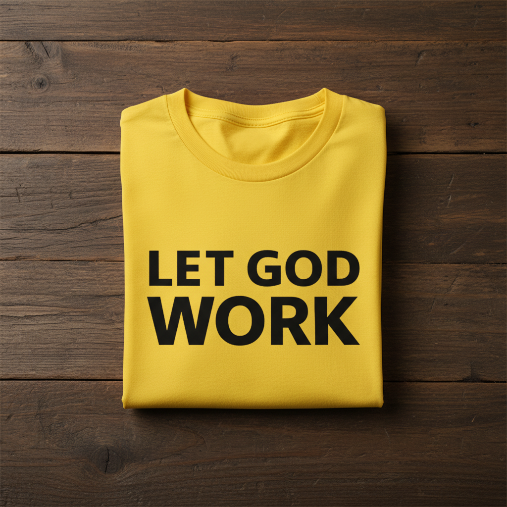 Yellow shirt with 'LET GOD WORK' text on a wooden surface