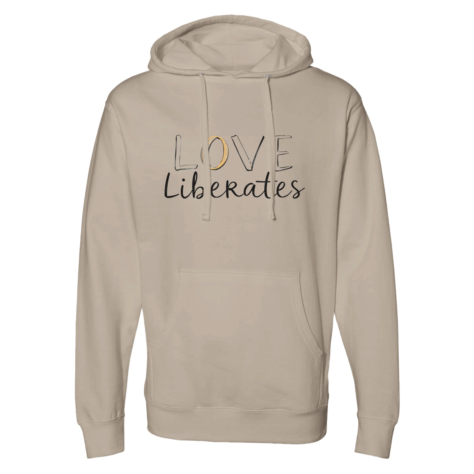 Beige hoodie with 'LOVE Liberates' text on a white background