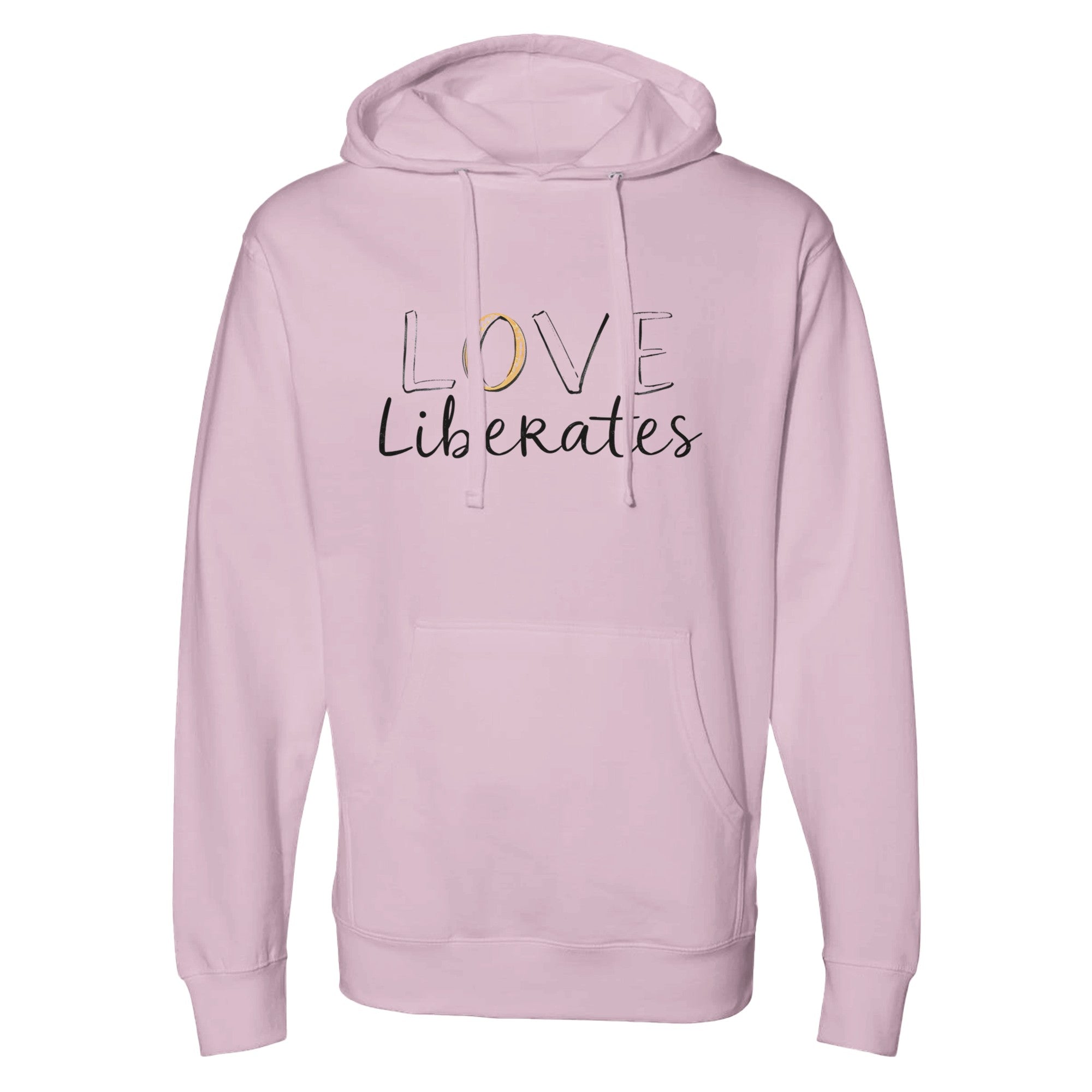 Pink hoodie with 'LOVE Liberates' text on a white background