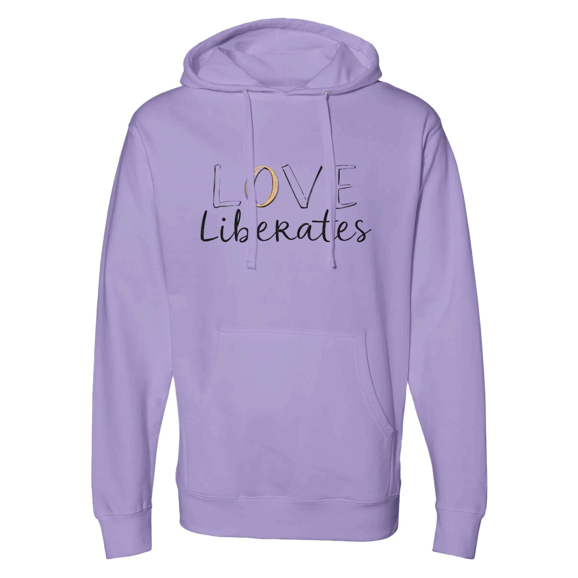 Purple hoodie with 'LOVE Liberates' text on a white background