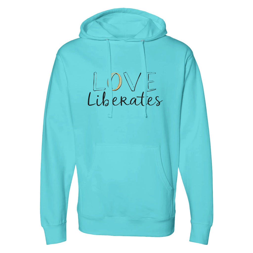 Turquoise hoodie with 'LOVE Liberates' text on a white background