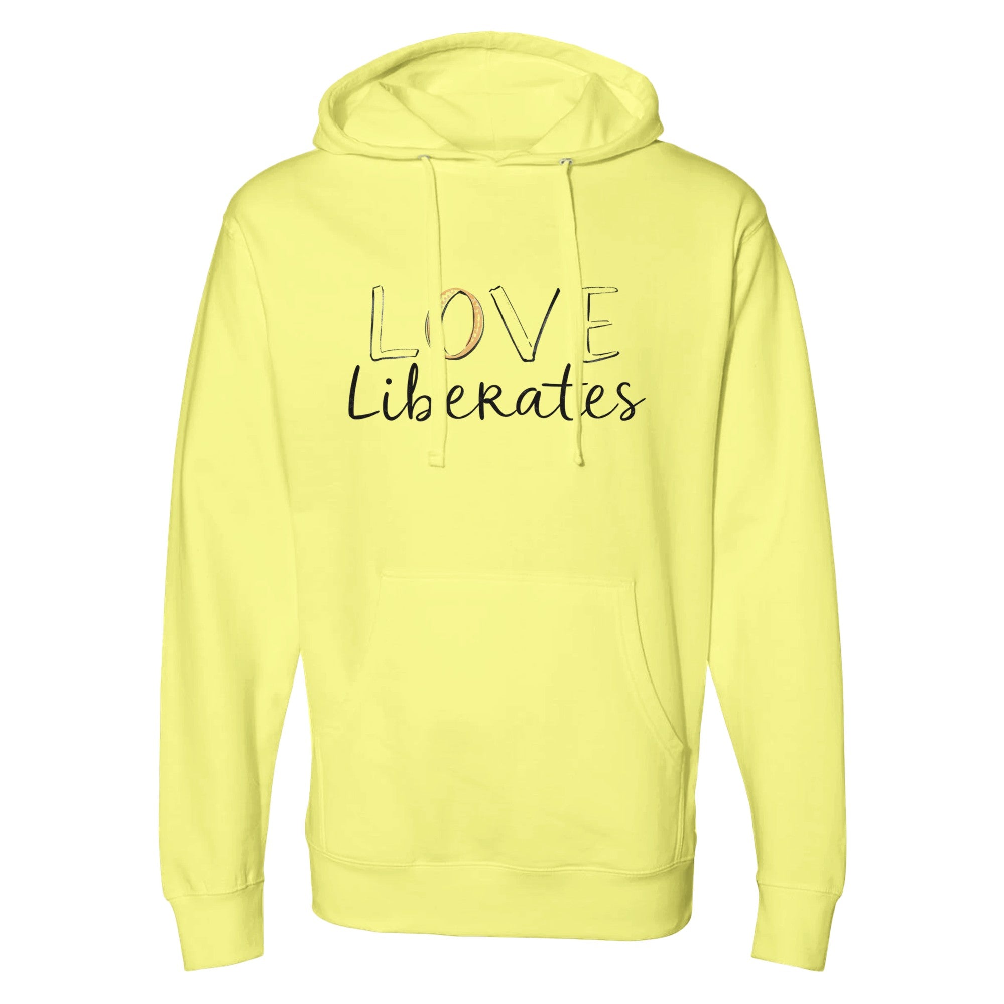 Yellow hoodie with 'LOVE Liberates' text on a white background