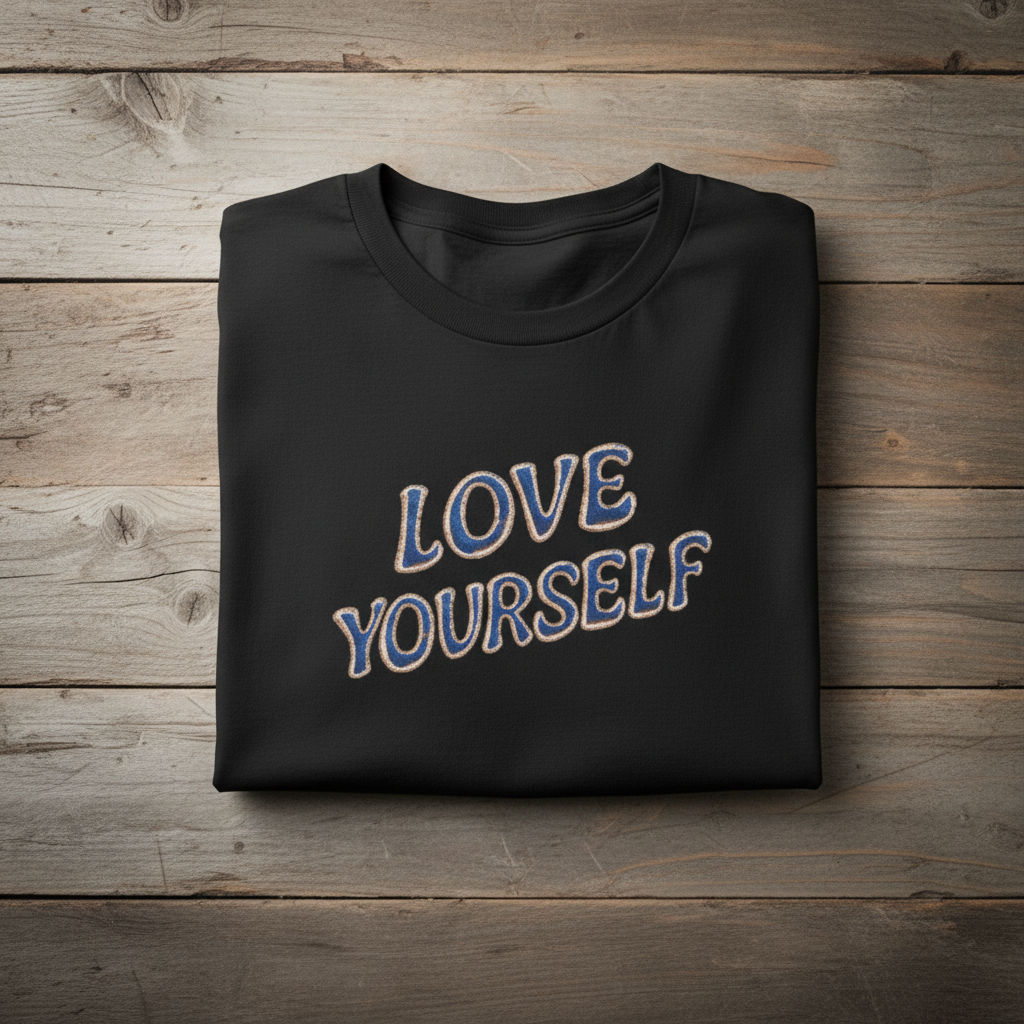 Black sweatshirt with 'LOVE YOURSELF' text on a wooden surface