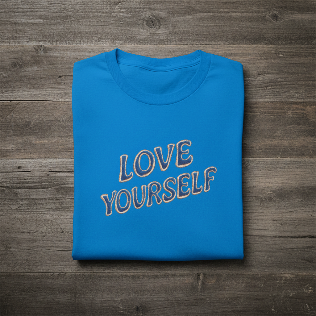 Folded blue sweatshirt with 'LOVE YOURSELF' text on a wooden surface