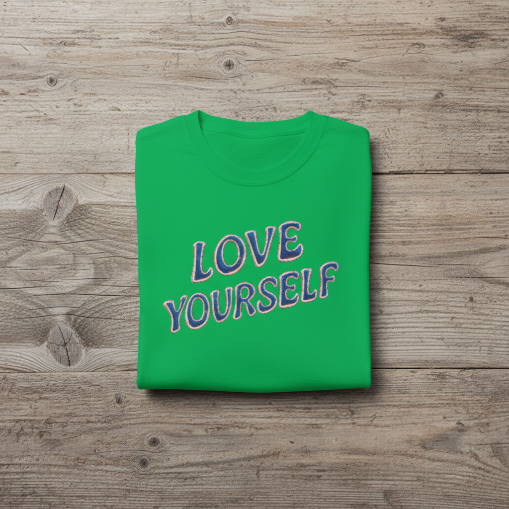 Green t-shirt with 'LOVE YOURSELF' text on a wooden surface