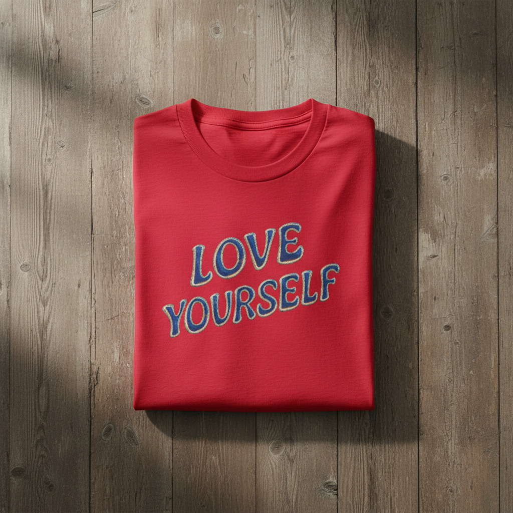 Folded red t-shirt with 'LOVE YOURSELF' text on a wooden surface