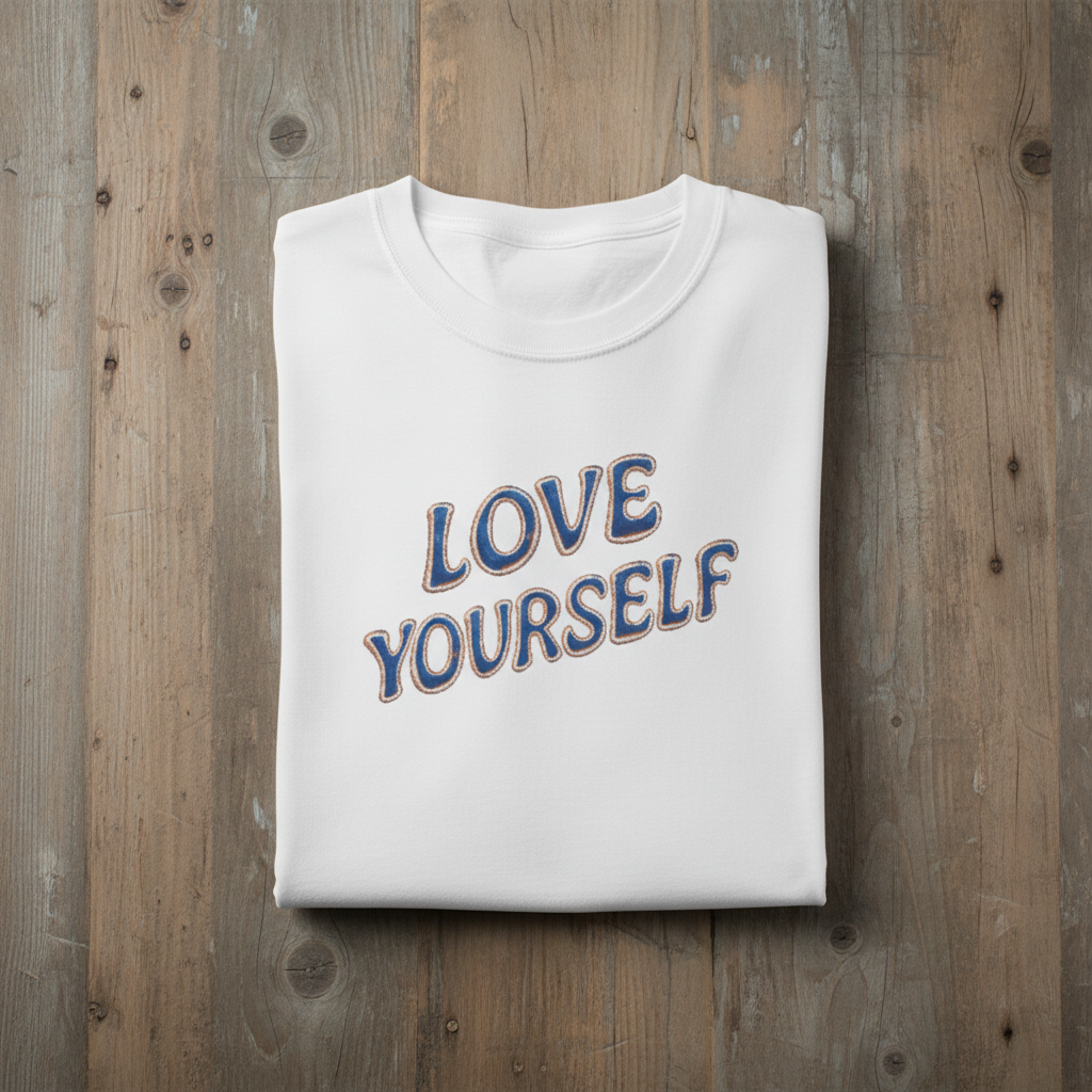 White t-shirt with 'LOVE YOURSELF' text on a wooden surface