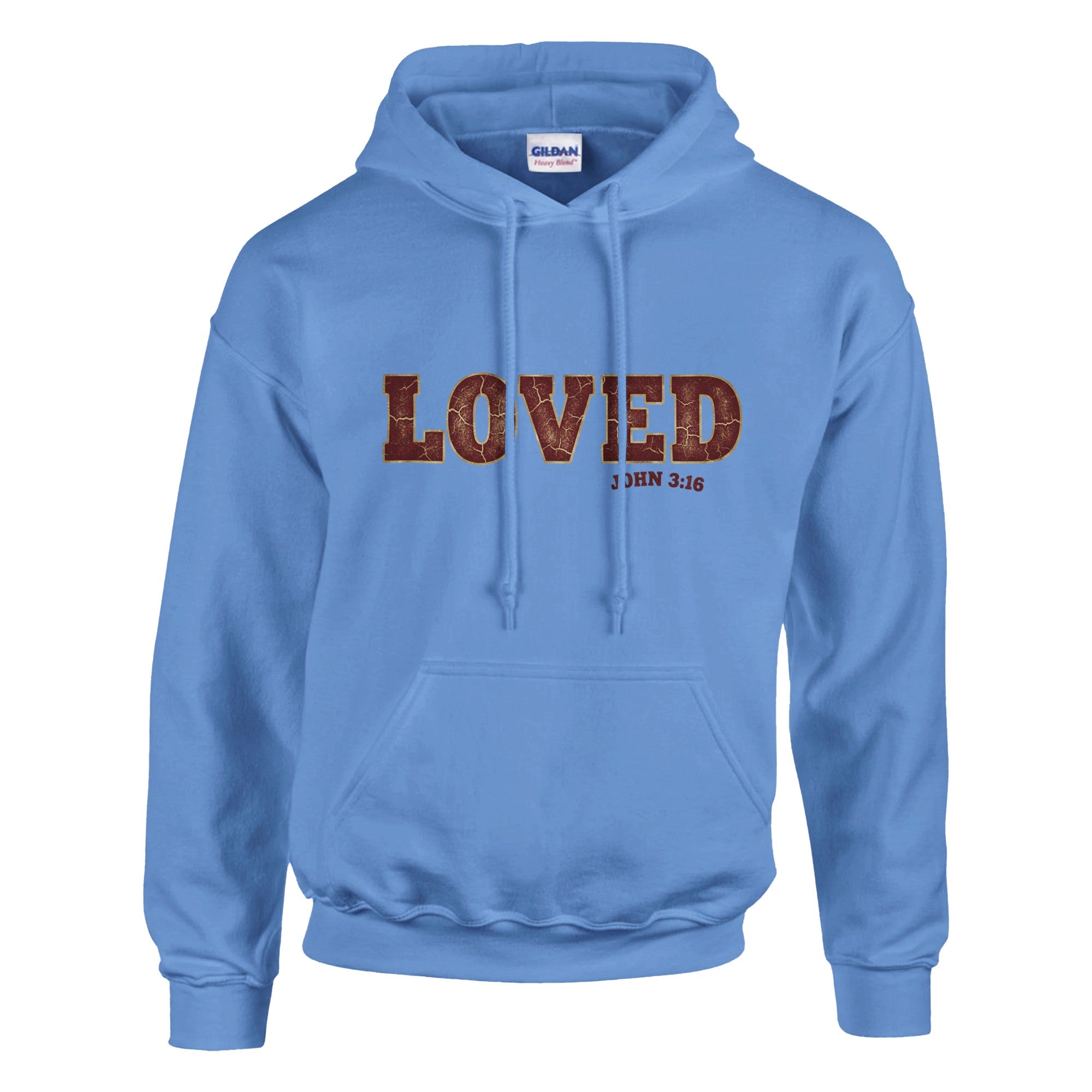 Blue hoodie with 'LOVED' text on a white background