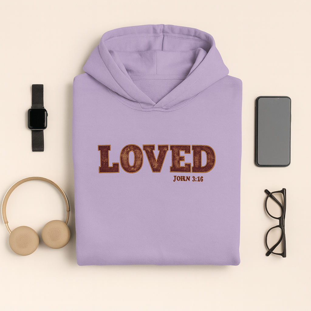 Lavender hoodie with 'LOVED John 3:16' text on a beige background